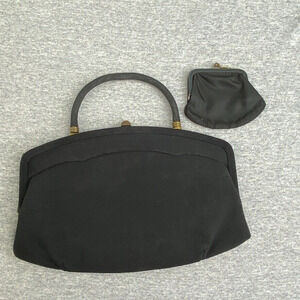 Vintage Purse Black Mid Century Coin Pouch Top Handle Formal Evening Bag Handbag